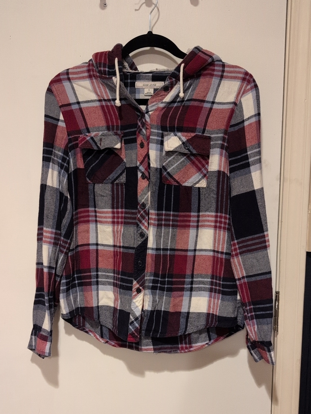 Adam Levine Collection Hooded Plaid Button-Down Shirt - Burgundy, Navy, Cream